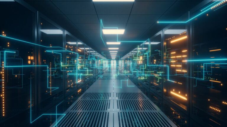 digital information travels through fiber optic cables through the network and data servers behind glass panels in the server room of the data center. high speed digital lines 3d illustration